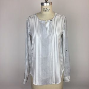 Ann Taylor | Navy White Striped Cuffed Blouse